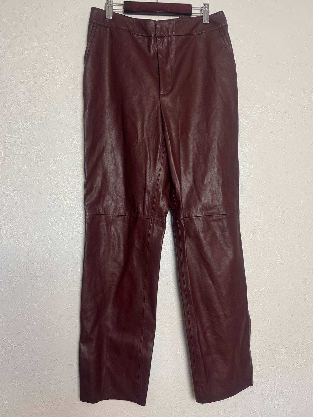 Maroon Red Faux Leather High Rise Wide Leg Pants